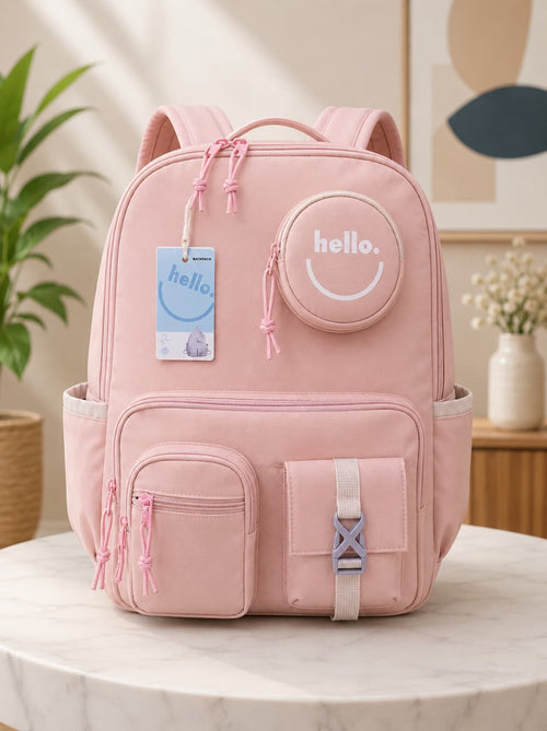 "Hello" Multi-Pocket Aesthetic School Backpack with Matching Round Coin Pouch