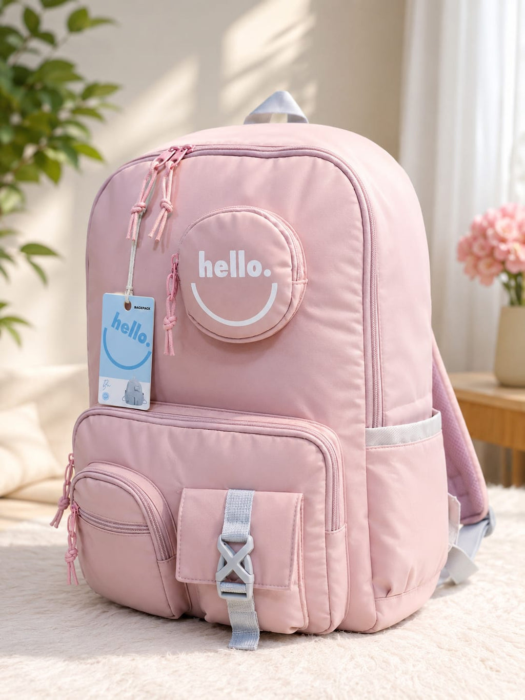 "Hello" Multi-Pocket Aesthetic School Backpack with Matching Round Coin Pouch