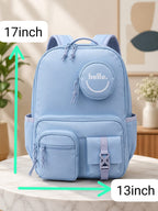 "Hello" Multi-Pocket Aesthetic School Backpack with Matching Round Coin Pouch