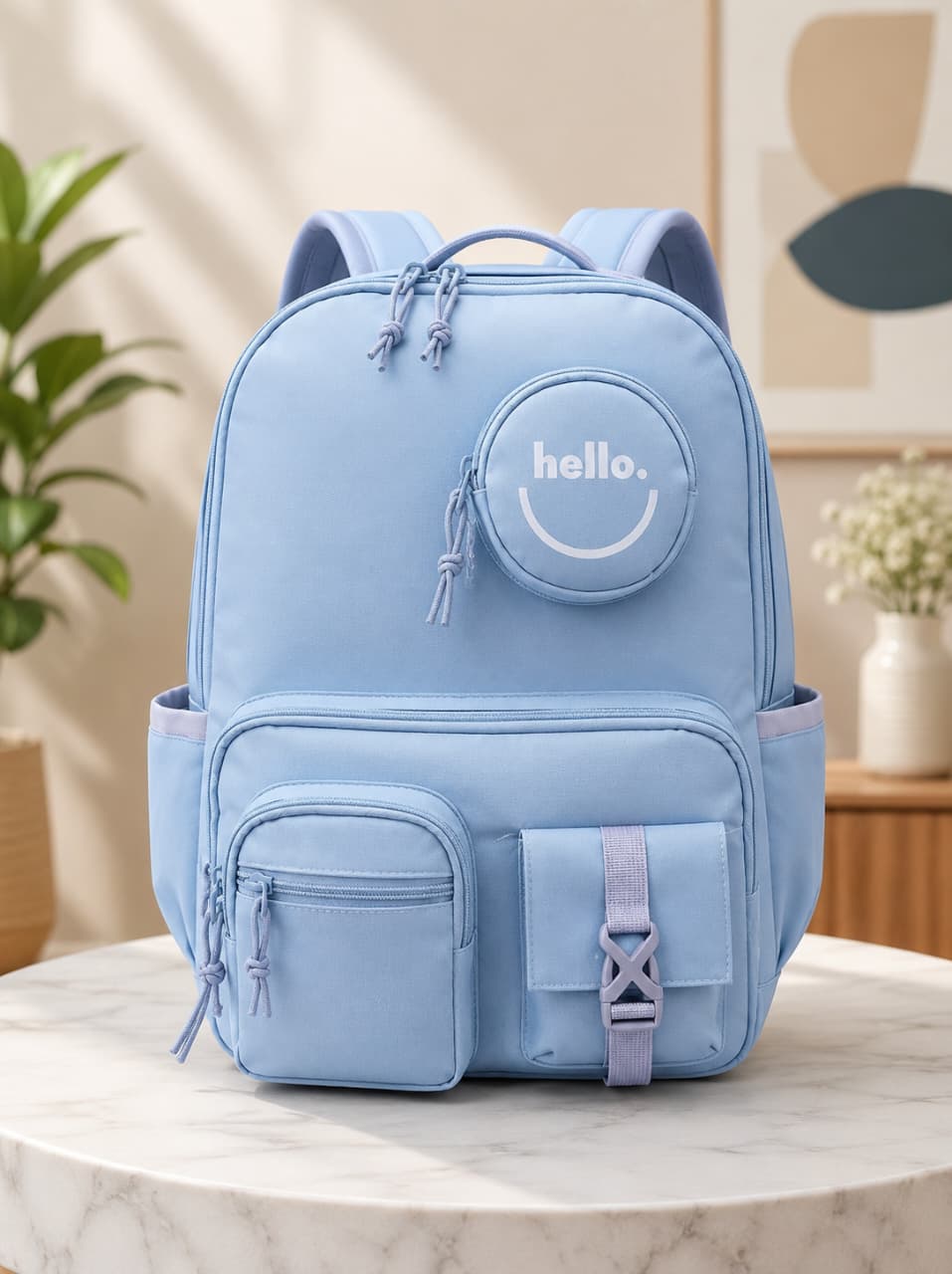 "Hello" Multi-Pocket Aesthetic School Backpack with Matching Round Coin Pouch