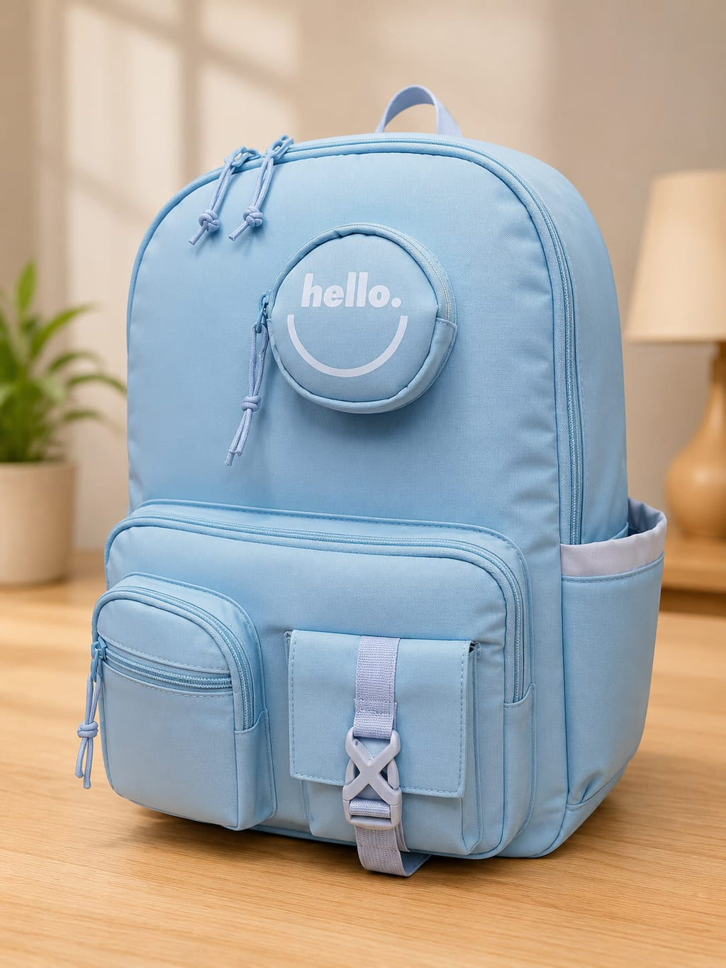 "Hello" Multi-Pocket Aesthetic School Backpack with Matching Round Coin Pouch