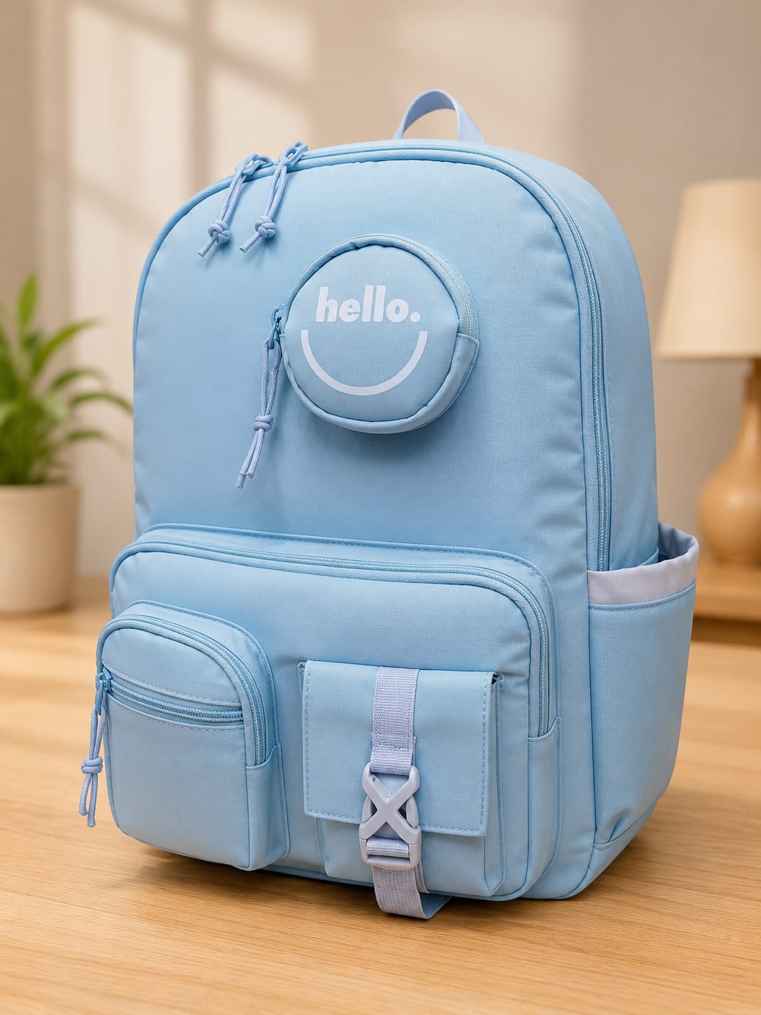 "Hello" Multi-Pocket Aesthetic School Backpack with Matching Round Coin Pouch