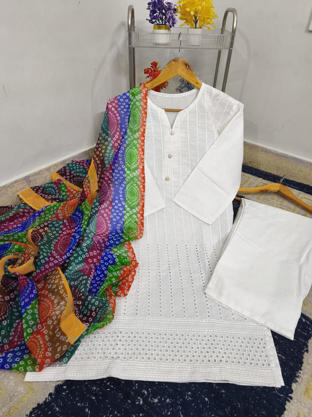 Ready to Wear Soft Cotton Sequence Embroidered Suit with Chundri Printed Chiffon Dupatta