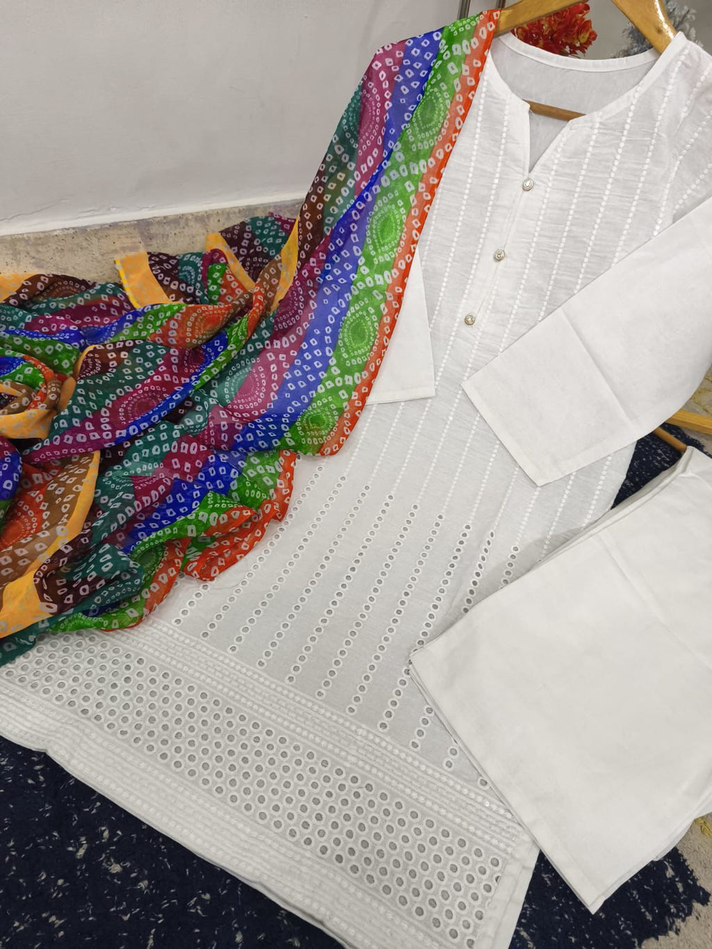 Ready to Wear Soft Cotton Sequence Embroidered Suit with Chundri Printed Chiffon Dupatta