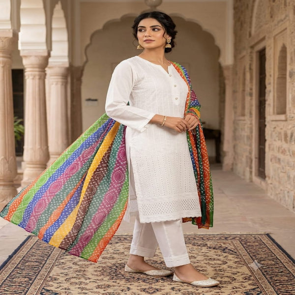 Ready to Wear Soft Cotton Sequence Embroidered Suit with Chundri Printed Chiffon Dupatta