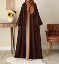 Elegant 3-Piece Contrast Button-Down Abaya Set with Hijab – Coffee & Nude