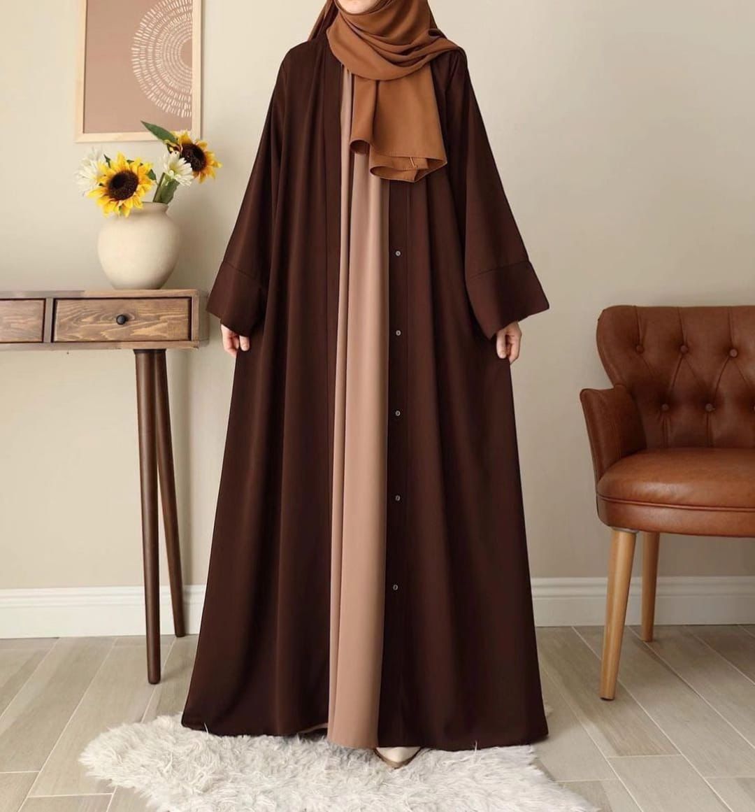 Elegant 3-Piece Contrast Button-Down Abaya Set with Hijab – Coffee & Nude