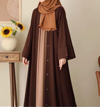 Elegant 3-Piece Contrast Button-Down Abaya Set with Hijab – Coffee & Nude