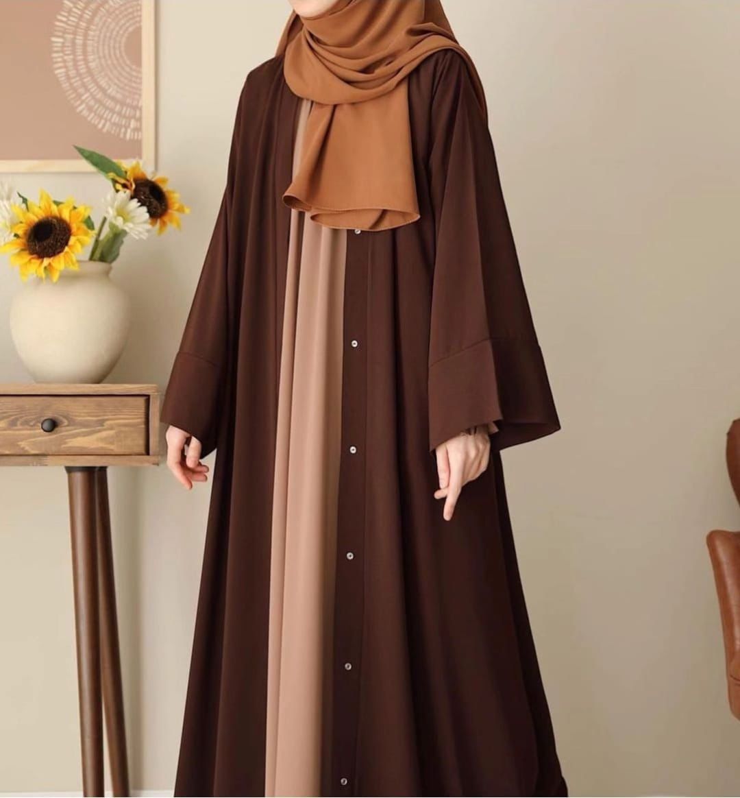 Elegant 3-Piece Contrast Button-Down Abaya Set with Hijab – Coffee & Nude