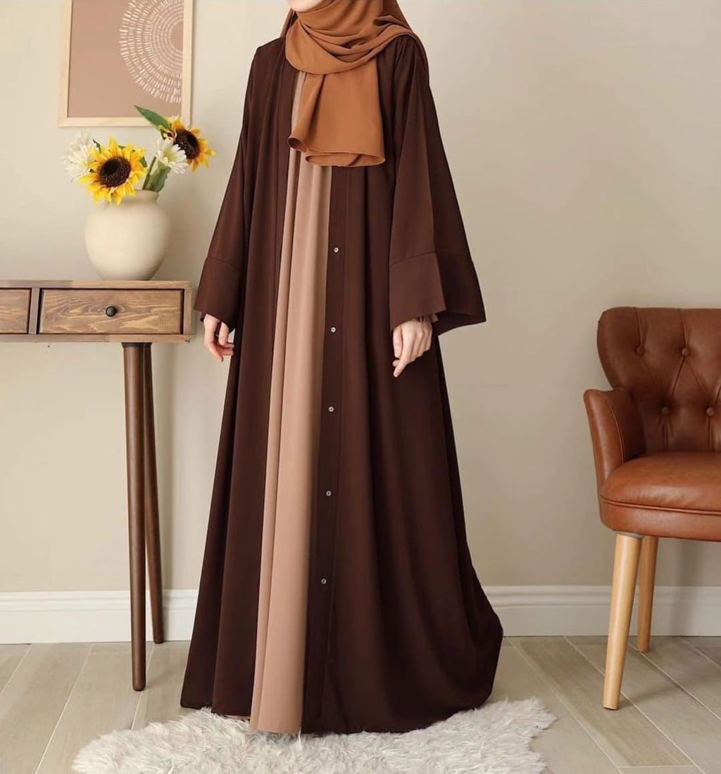Elegant 3-Piece Contrast Button-Down Abaya Set with Hijab – Coffee & Nude