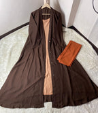 Elegant 3-Piece Contrast Button-Down Abaya Set with Hijab – Coffee & Nude