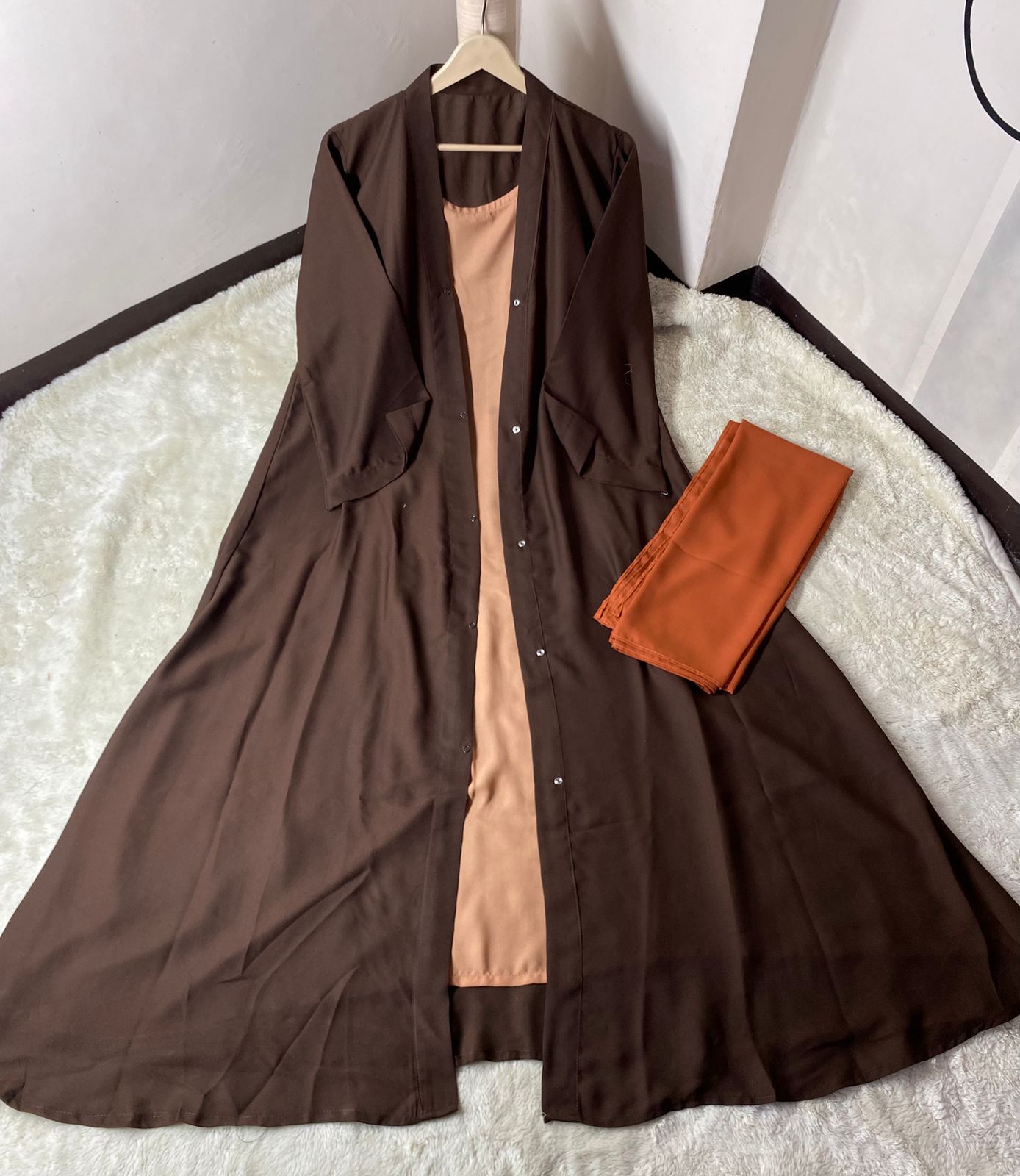 Elegant 3-Piece Contrast Button-Down Abaya Set with Hijab – Coffee & Nude