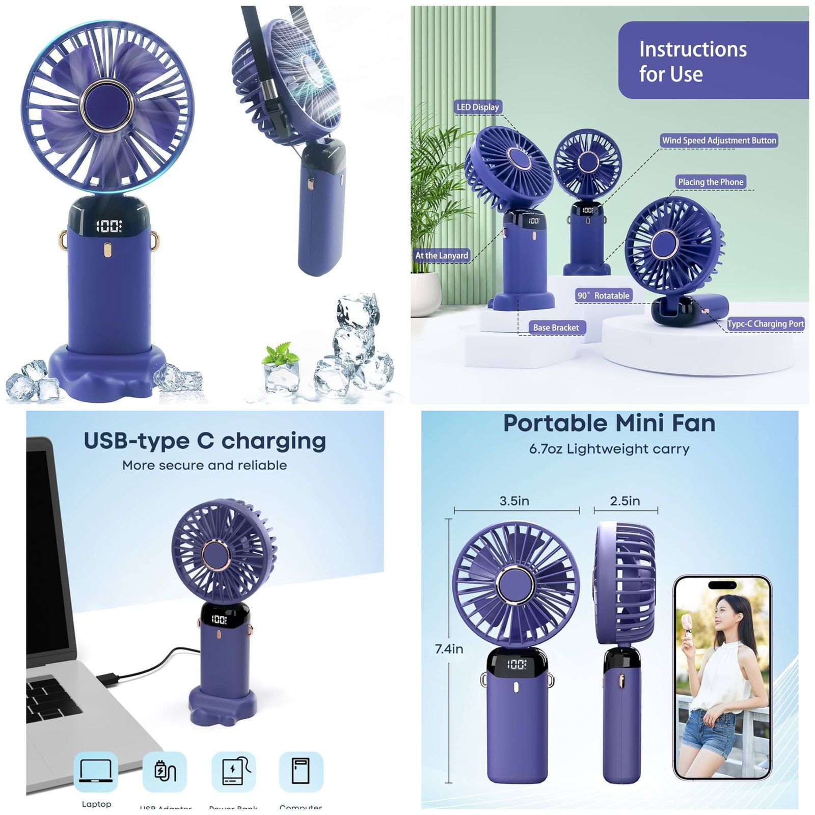 Portable Rechargeable Desk Fan with LED Digital Display | 5-Speed Wind, 90° Adjustable Mini Fan for Office, Travel & Home