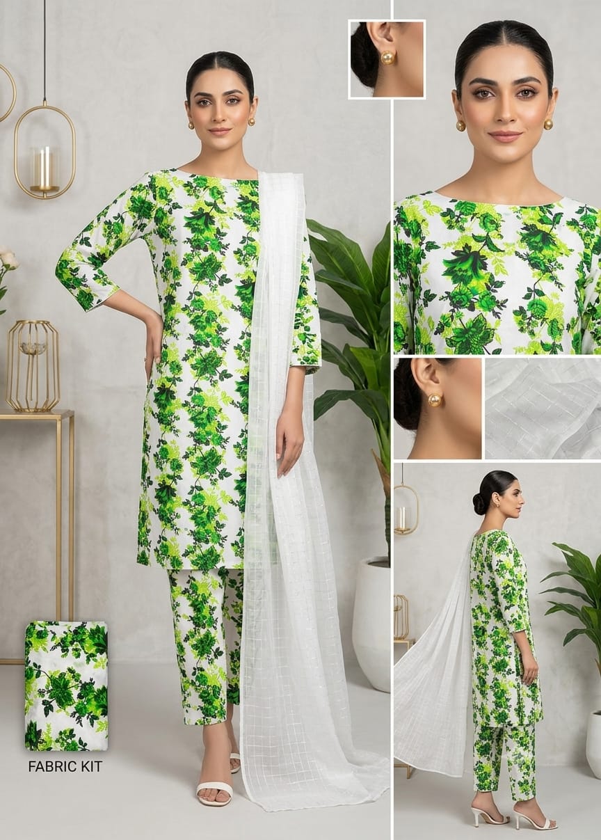 Azadi Collection Unstitched Polo Cotton Multi-Green Floral Printed Suit