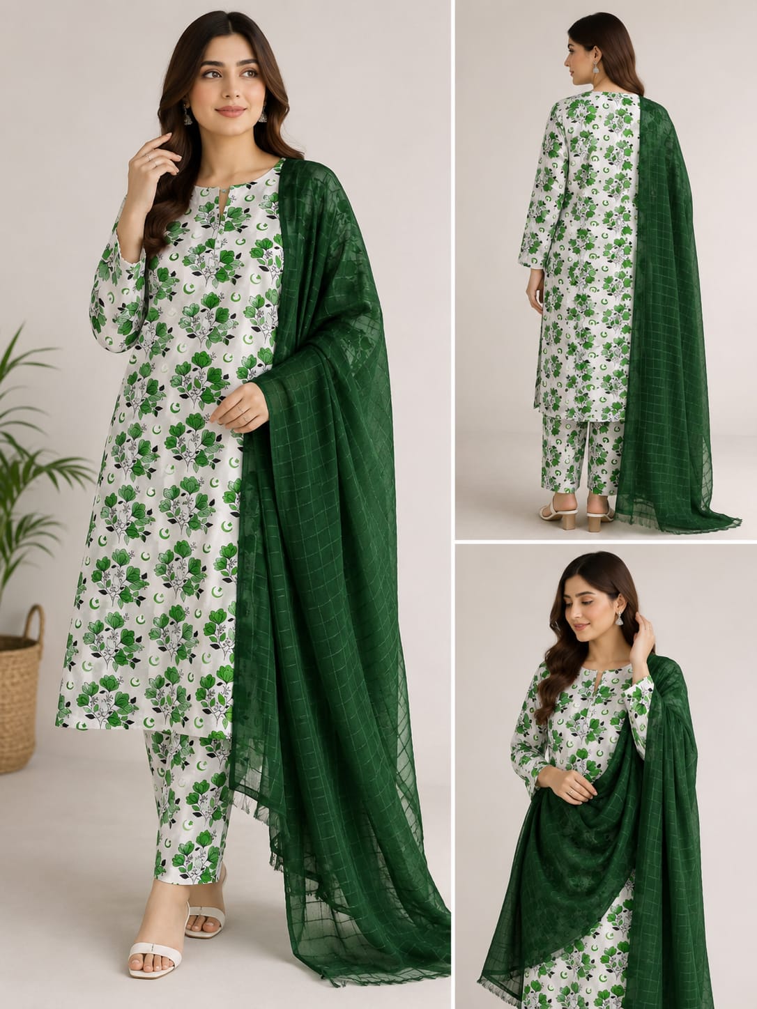 14 August Independence Day Unstitched Printed Green & White Floral Suit