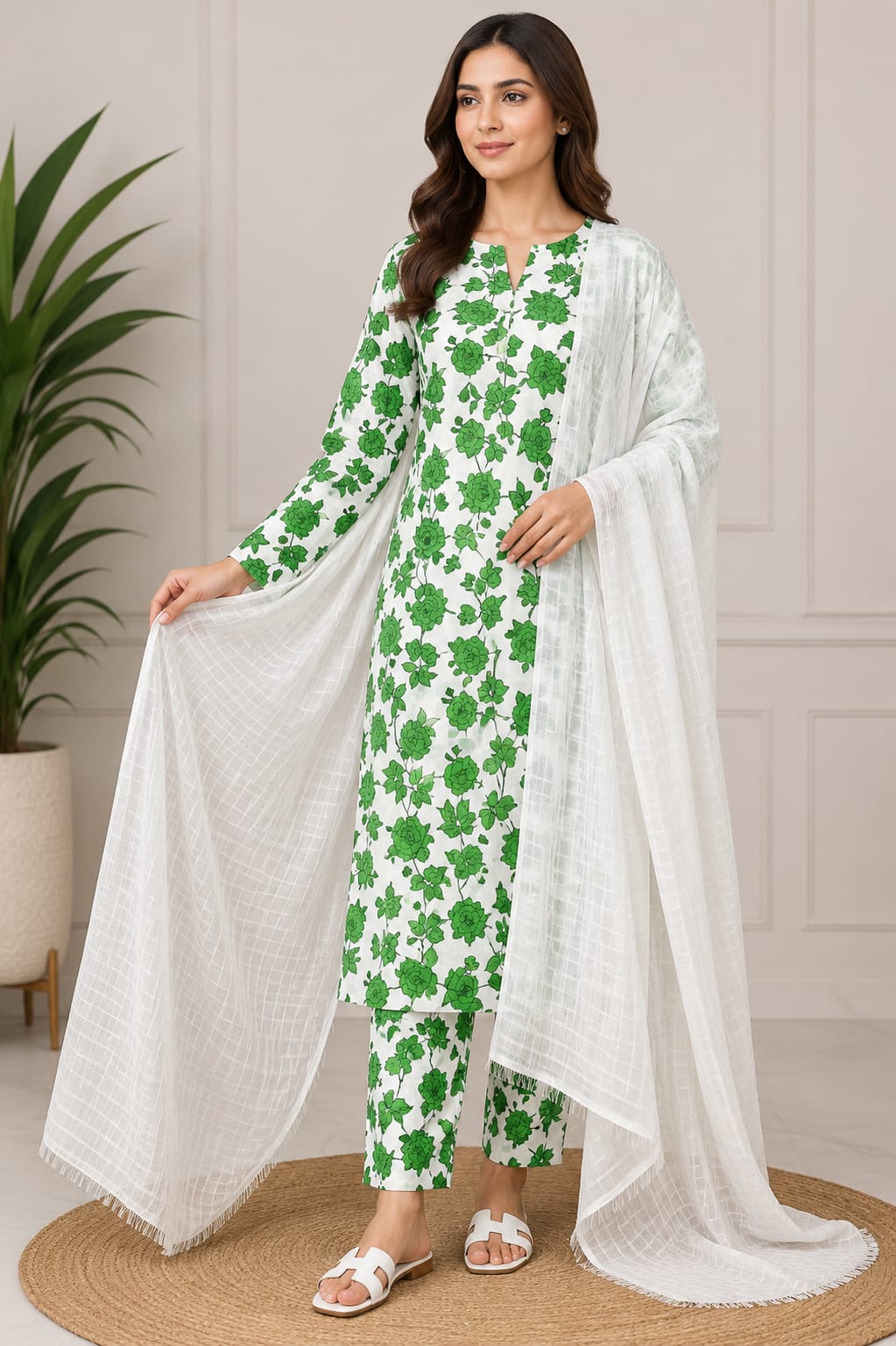 Independence Day Special Unstitched Green Rose Printed Polo Cotton Suit