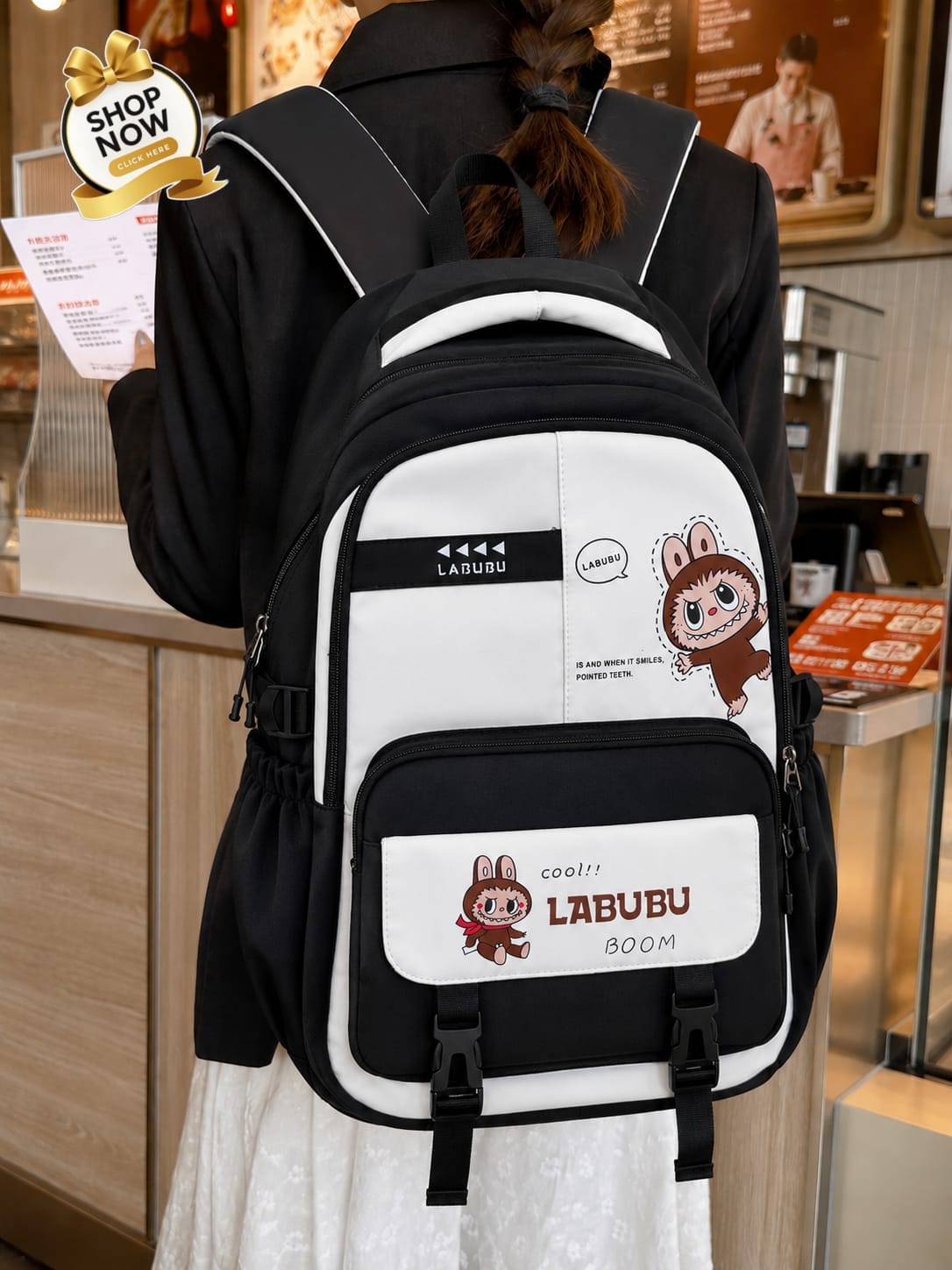 Cute Labubu Printed School Backpack - 18-Inch Waterproof Large Capacity Travel Bag