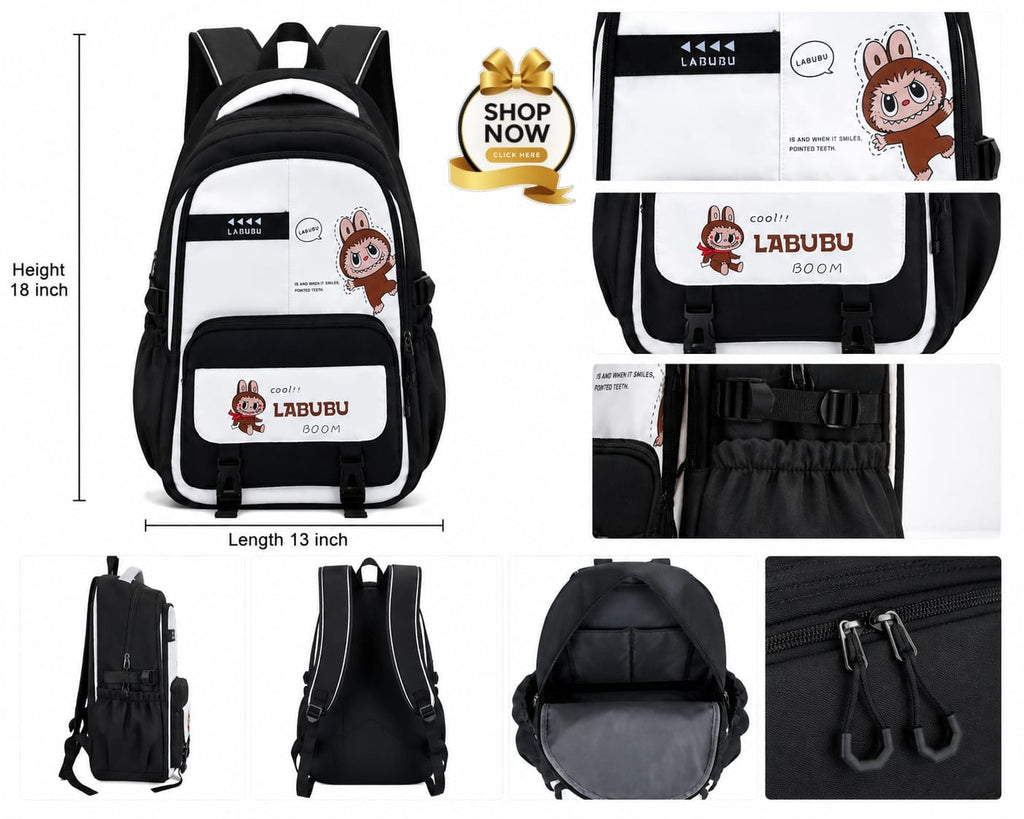 Cute Labubu Printed School Backpack - 18-Inch Waterproof Large Capacity Travel Bag