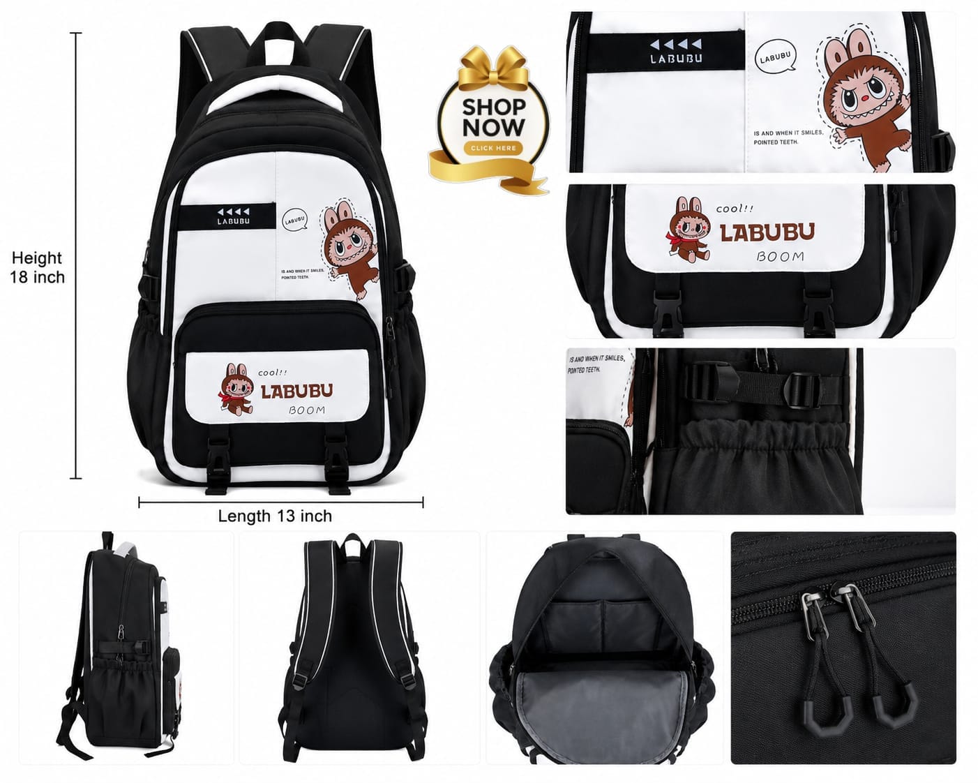 Cute Labubu Printed School Backpack - 18-Inch Waterproof Large Capacity Travel Bag