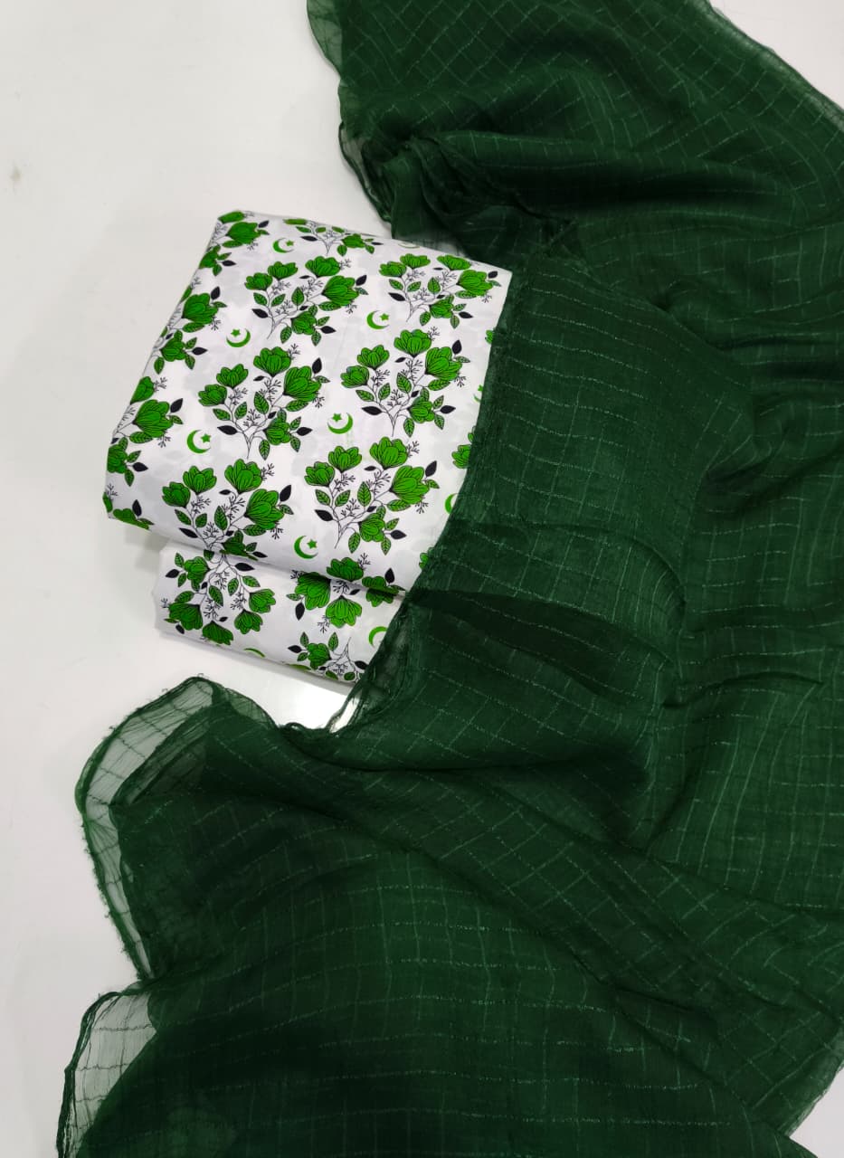 14 August Independence Day Unstitched Printed Green & White Floral Suit
