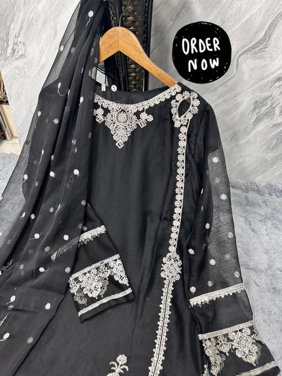 Elegant Embroidered Chiffon Ready to Wear 3-Piece Suit with Silk Flapper