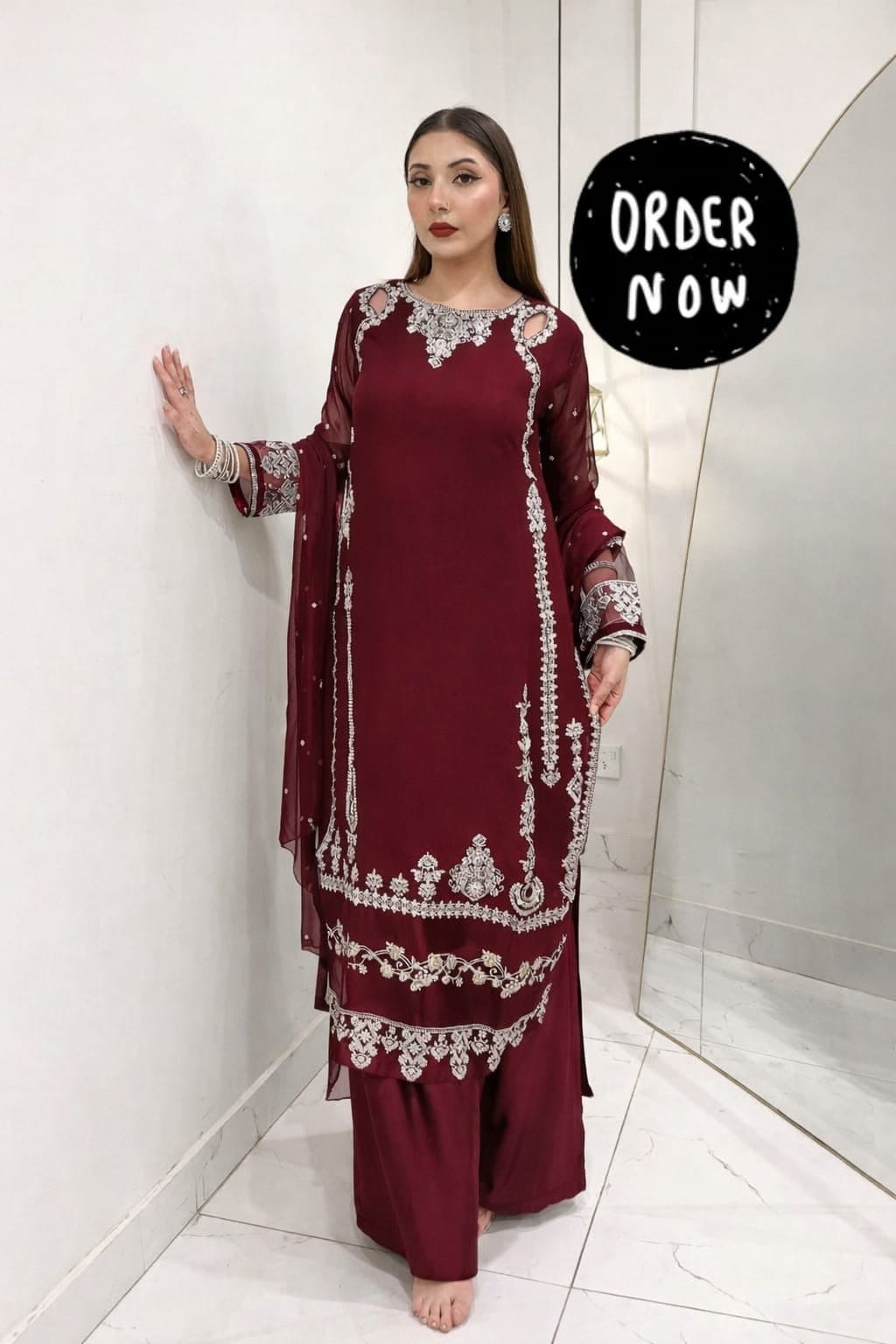 Elegant Embroidered Chiffon Ready to Wear 3-Piece Suit with Silk Flapper