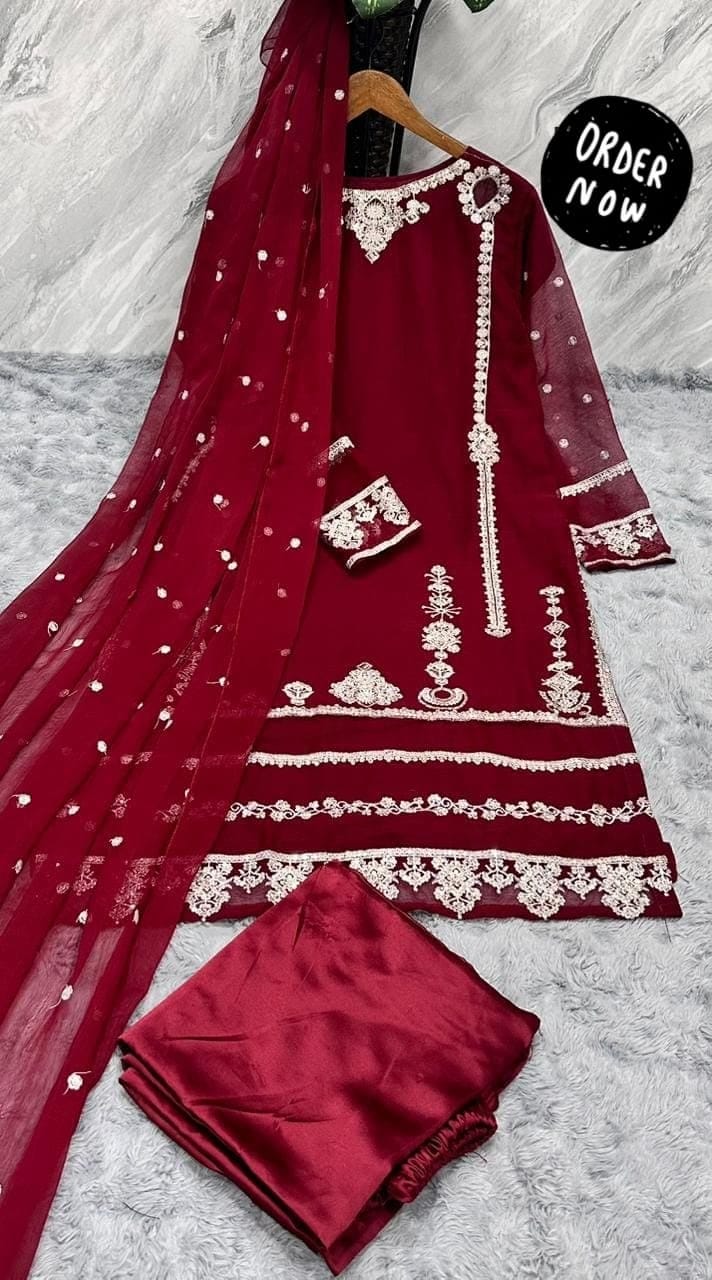 Elegant Embroidered Chiffon Ready to Wear 3-Piece Suit with Silk Flapper