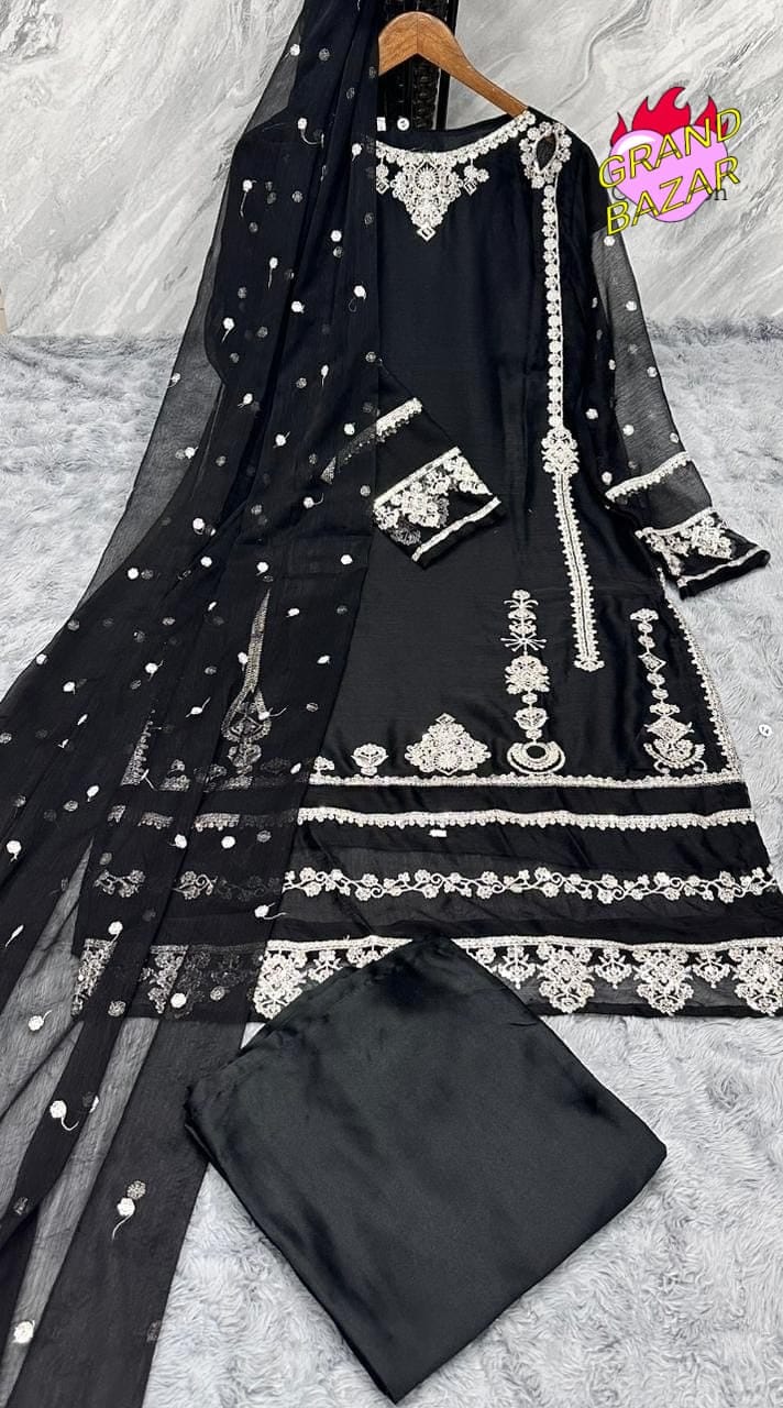 Elegant Embroidered Chiffon Ready to Wear 3-Piece Suit with Silk Flapper