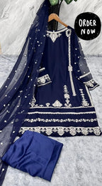 Elegant Embroidered Chiffon Ready to Wear 3-Piece Suit with Silk Flapper