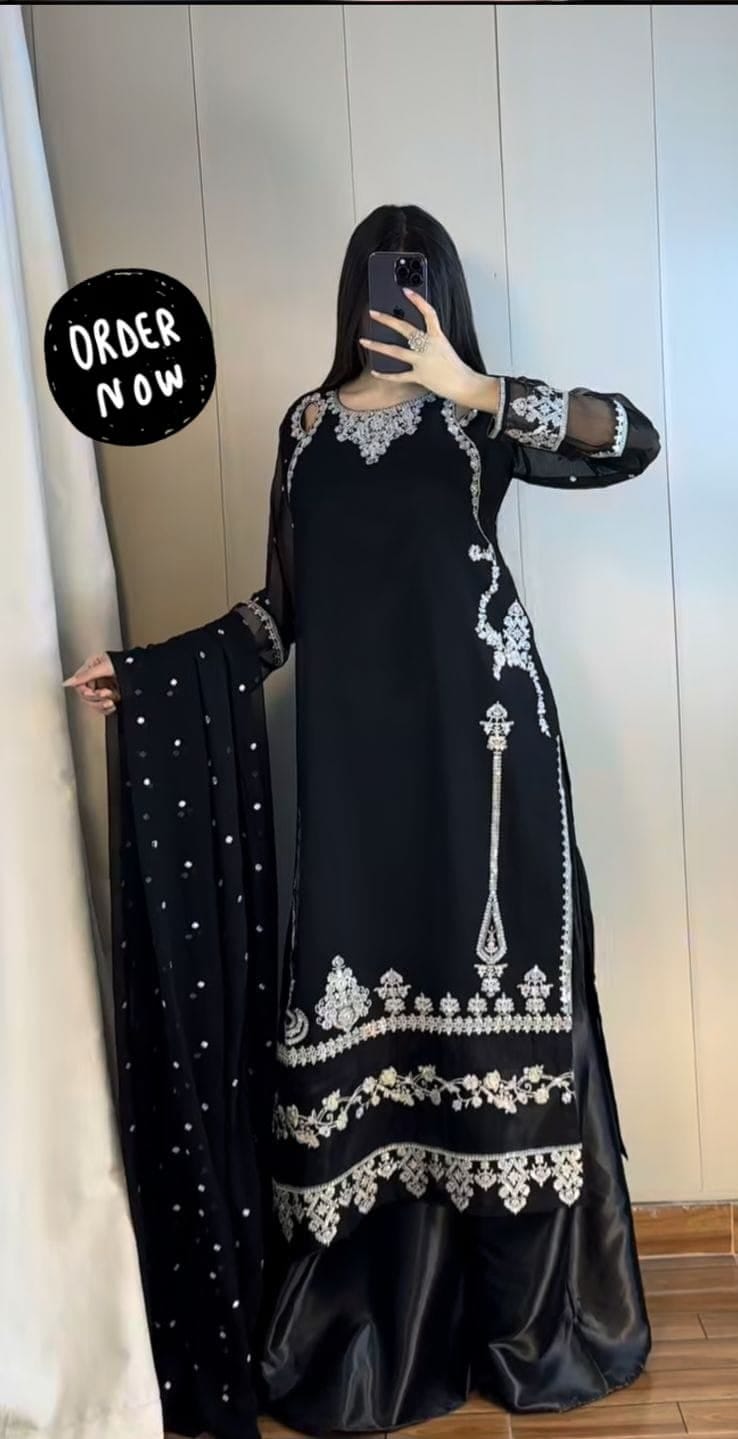 Elegant Embroidered Chiffon Ready to Wear 3-Piece Suit with Silk Flapper
