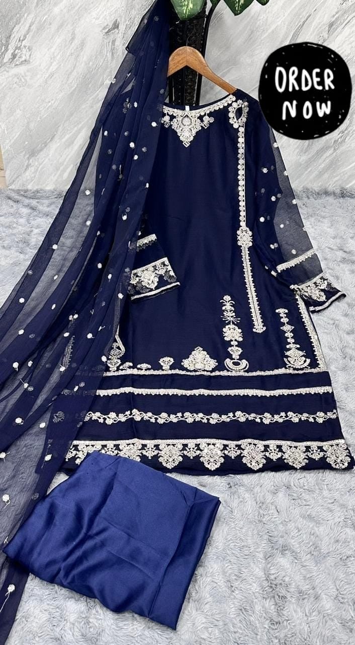 Elegant Embroidered Chiffon Ready to Wear 3-Piece Suit with Silk Flapper