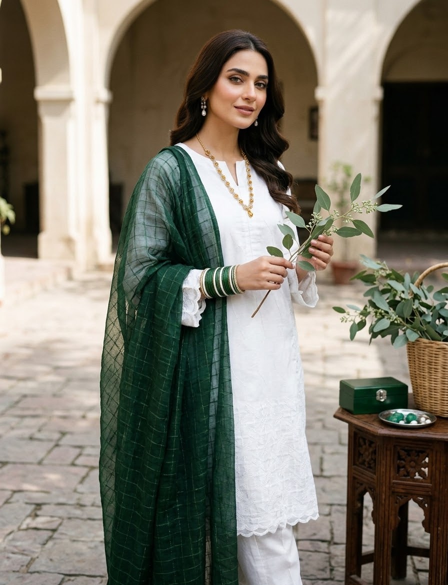 Azadi Edition 3-Piece Embroidered Chicken Kari Cotton Suit with Check Dupatta