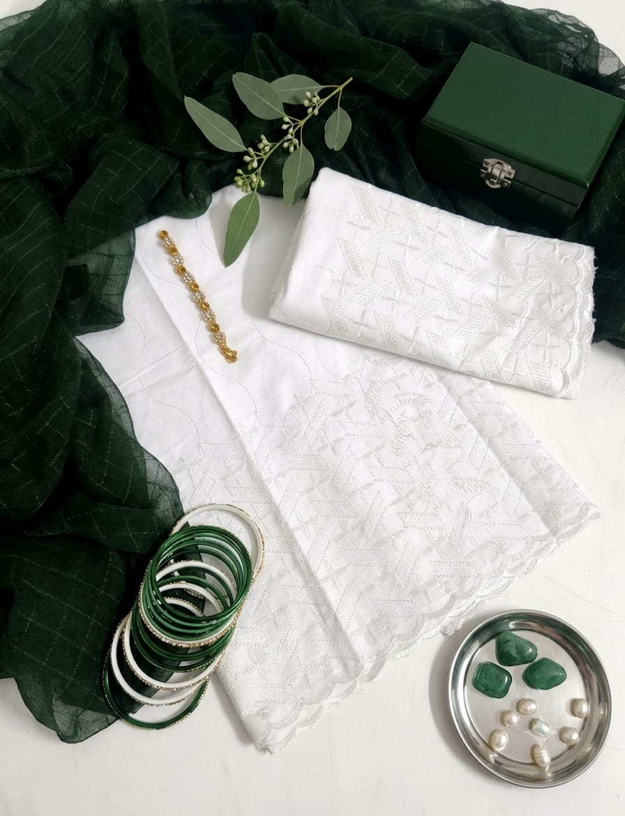Azadi Edition 3-Piece Embroidered Chicken Kari Cotton Suit with Check Dupatta