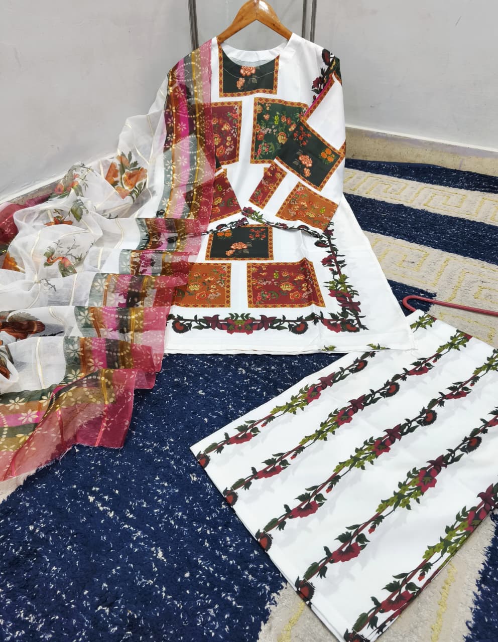 New Arrival | Ready to Wear | Bloom Block Print 3-Piece Swiss Lawn Co-Ord Set with Monar Dupatta