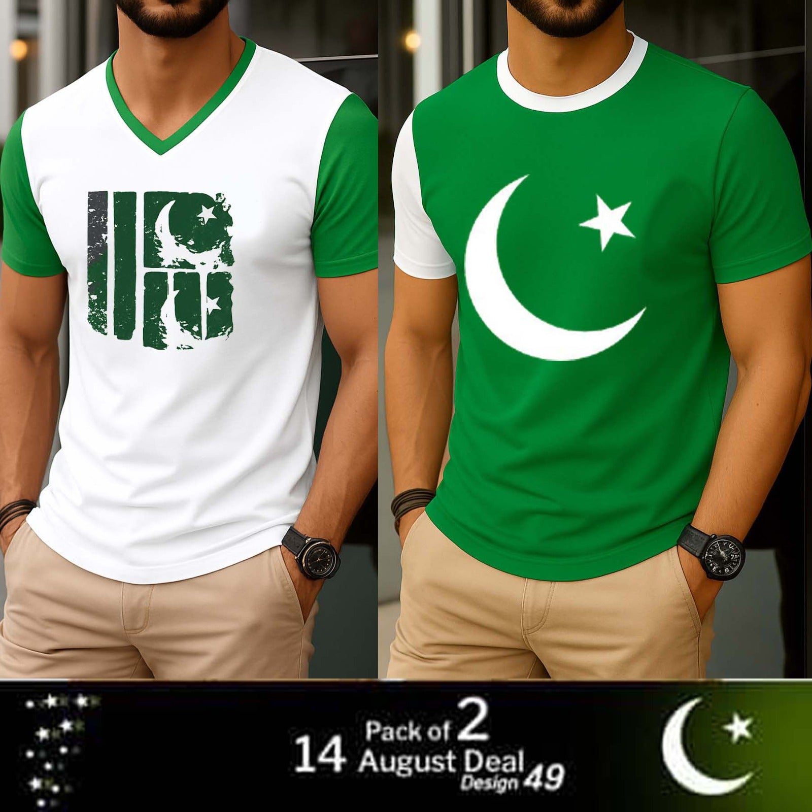 Crescent & Flag Azadi Printed T-Shirts — Pack of 2
