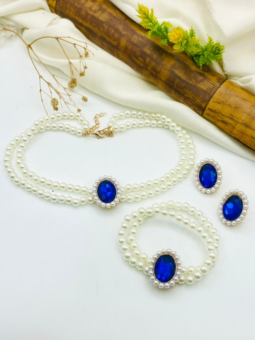 Elegant Pearl Mala & Stone Locket Jewelry Set with Matching Bracelet & Earrings for Women