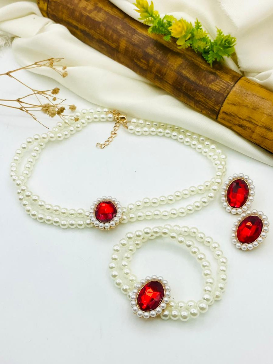 Elegant Pearl Mala & Stone Locket Jewelry Set with Matching Bracelet & Earrings for Women