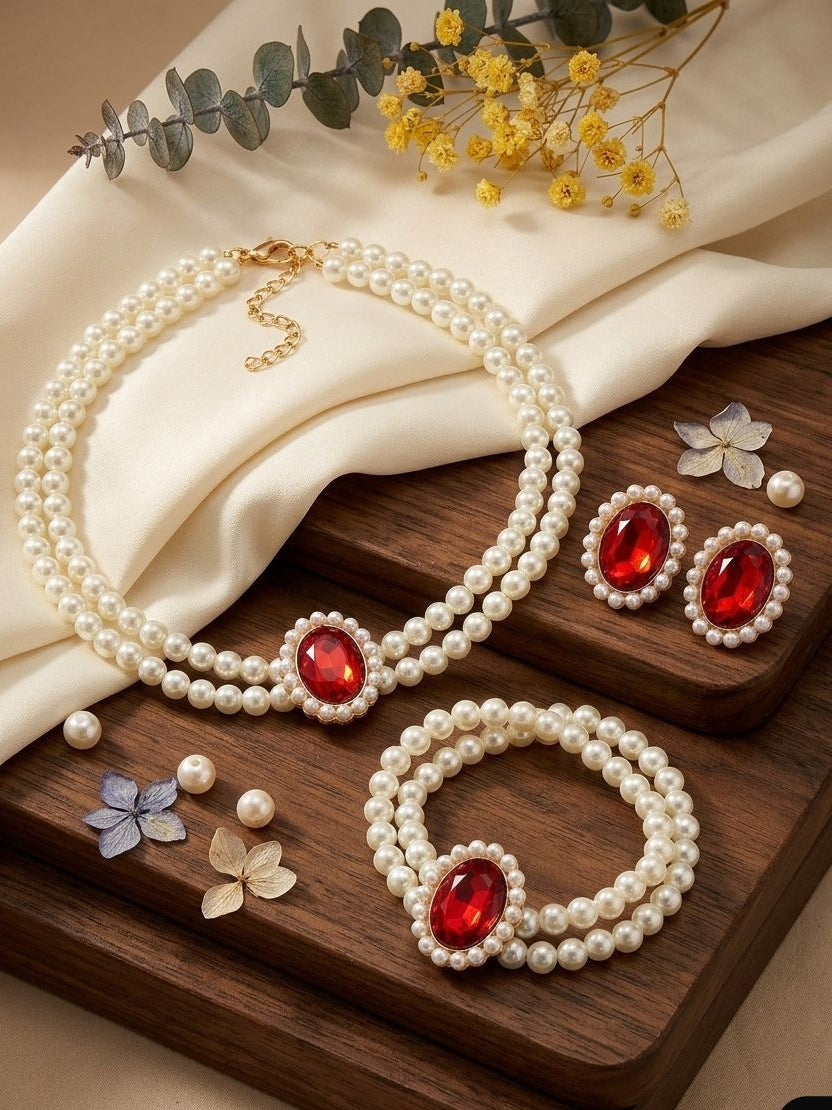 Elegant Pearl Mala & Stone Locket Jewelry Set with Matching Bracelet & Earrings for Women
