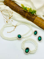 Elegant Pearl Mala & Stone Locket Jewelry Set with Matching Bracelet & Earrings for Women