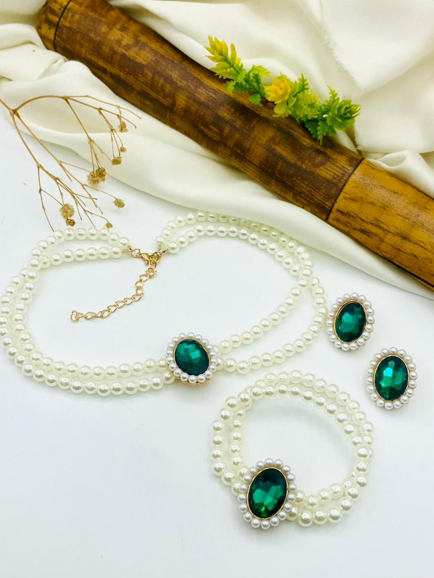 Elegant Pearl Mala & Stone Locket Jewelry Set with Matching Bracelet & Earrings for Women