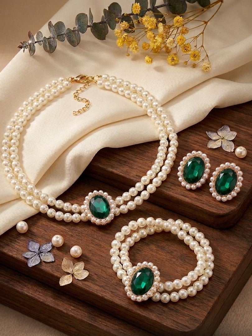 Elegant Pearl Mala & Stone Locket Jewelry Set with Matching Bracelet & Earrings for Women