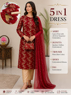 5-Piece Embroidered Crinkle Chiffon Suit with Matching Khussa & Clutch