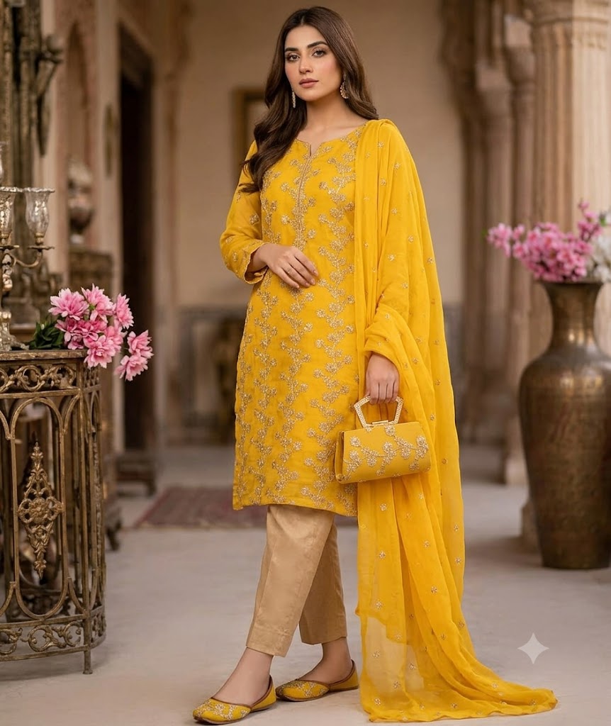 5-Piece Embroidered Chiffon Suit in Mustard with Matching Khussa & Clutch – Grand Bazar