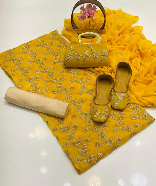 5-Piece Embroidered Chiffon Suit in Mustard with Matching Khussa & Clutch – Grand Bazar