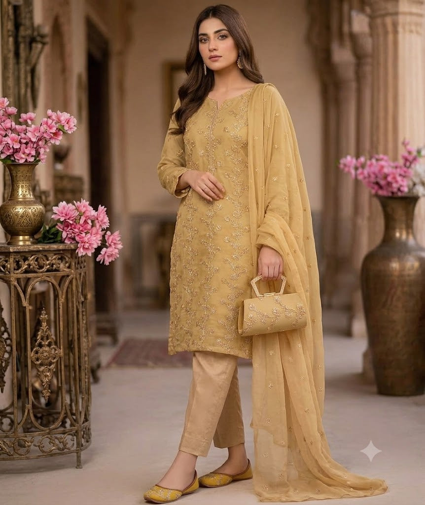 5-Piece Embroidered Chiffon Suit in Beige with Matching Khussa & Clutch – Grand Bazar