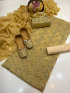 5-Piece Embroidered Crinkle Chiffon Suit with Matching Khussa & Clutch