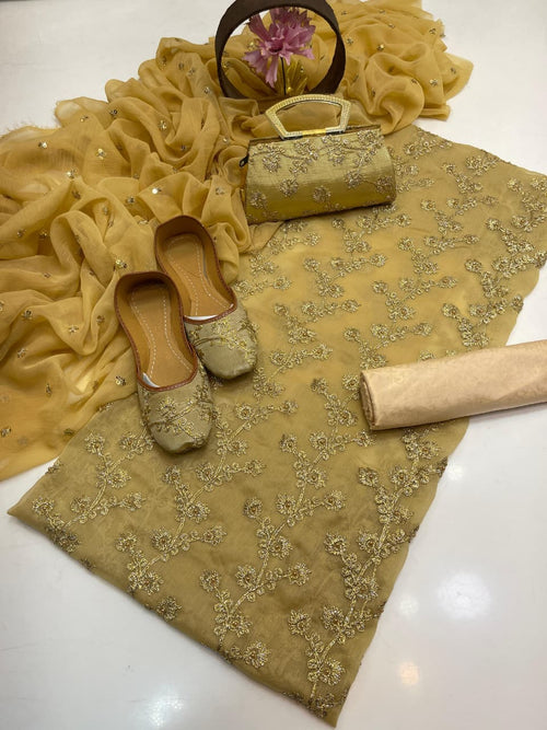 5-Piece Embroidered Chiffon Suit in Beige with Matching Khussa & Clutch – Grand Bazar