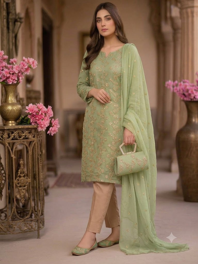 5-Piece Embroidered Crinkle Chiffon Suit with Matching Khussa & Clutch