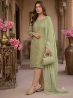 5-Piece Embroidered Crinkle Chiffon Suit with Matching Khussa & Clutch