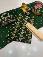 5-Piece Embroidered Chiffon Suit in Bottle Green with Matching Khussa & Clutch – Grand Bazar